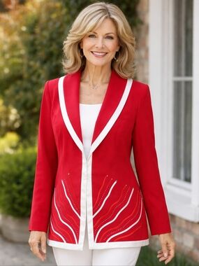 Elegant Red Blazer with White Trim & Rhinestone Detail Chic Statement Jacket NEW
